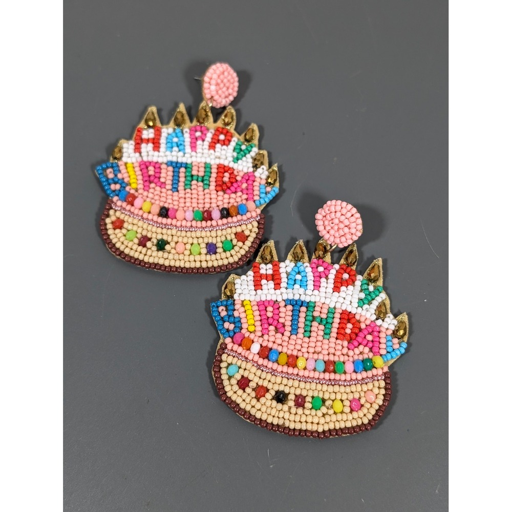 Happy Birthday Cake‎ Statement Earrings Pink Beaded Multicolor Dangle